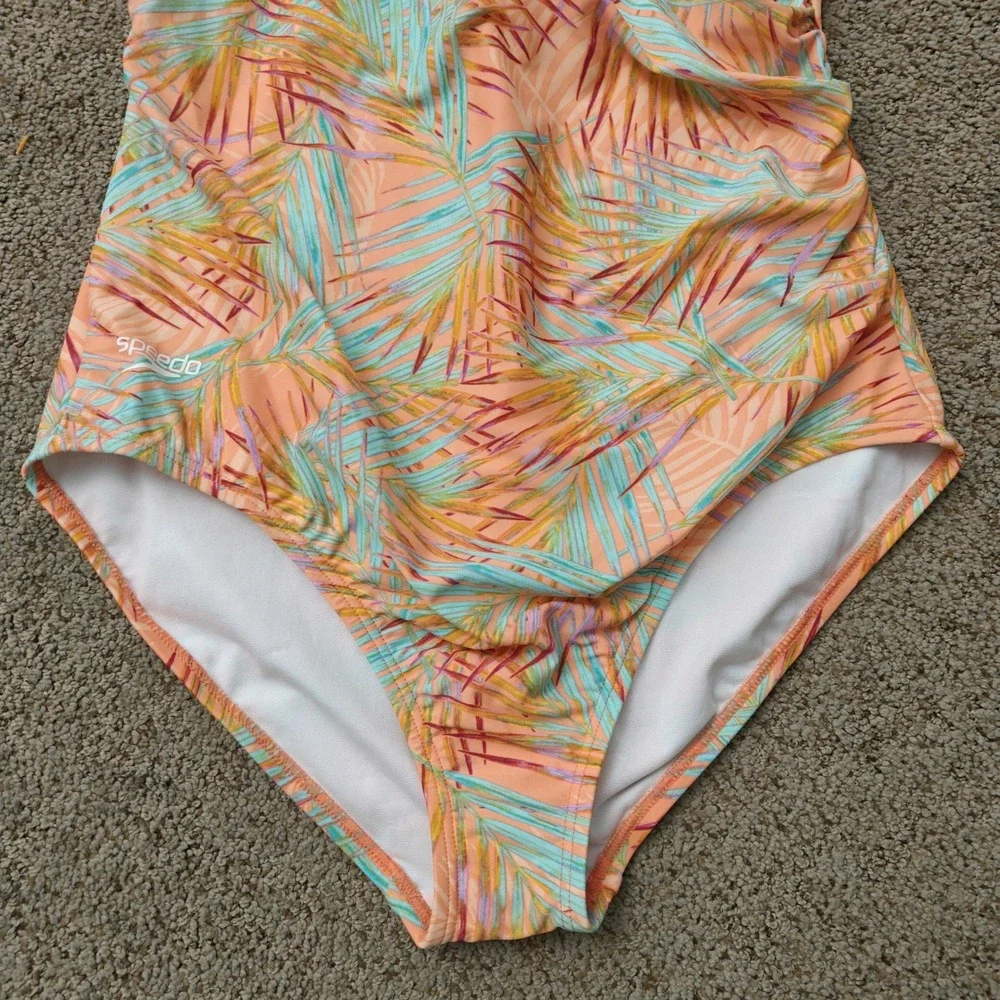 Speedo Womens One Piece Swimsuit 12 Peach Tropical Palm Leaf Ruched V-Neck NWOT